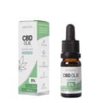 een flesje Renova CBD olie met mintsmaak 5% naast een doosje Renova CBD olie met mintsmaak 5%.