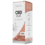 Een flesje Renova CBD-olie 16% (30ml) bovenop een tafel.