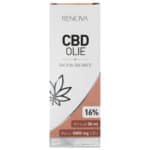 Een flesje Renova CBD olie 16% (30ml) op een witte achtergrond.