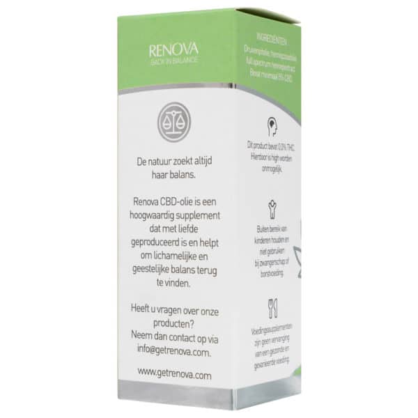 Een wit doosje met een groen label erop: Renova CBD olie 5% (30 ml)