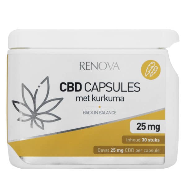 Een flesje Renova CBD capsules 2,5% (10 mg) naast een bakje Renova CBD capsules 2,5% (10 mg).