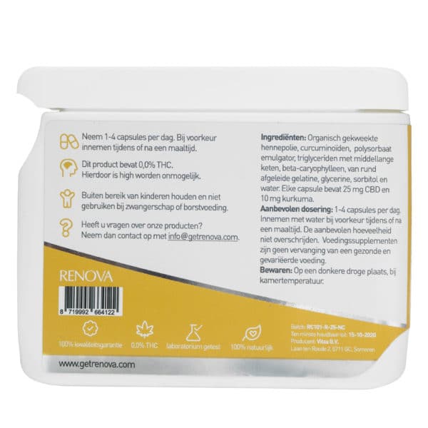 Een close-up van een witte container met een label erop, met Renova CBD-capsules 2,5% (10 mg).