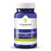 Een blauwe fles met het label "Vitakruid - Ashwagandha KSM-66® & Bioperine®" bevat 60 vega capsules gestandaardiseerd op 5% withanolides.