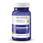 Op een blauwe plastic fles met een witte dop staan Nederlandse voedingsfeiten en ingrediënten voor Vitakruid - Ashwagandha KSM-66® & Bioperine® (60 vega capsules), inclusief veganistische certificering en productinformatie-iconen.