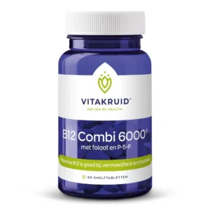 Een fles Vitakruid - B12 Combi 6000® met folaat en P-5-P, met daarin 60 smelttabletten.