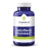 Een blauwe fles met het label "Vitakruid - Gebufferde Vitamine C®" bevat 90 veganistische capsules met toegevoegde mineralen en vitaminen.