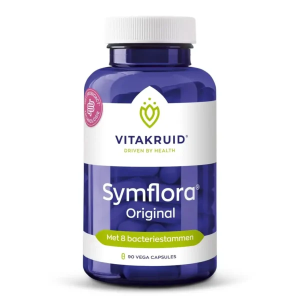 Een blauwe fles Vitakruid - Symflora® Original (90 vega capsules) is afgebeeld op een witte achtergrond.