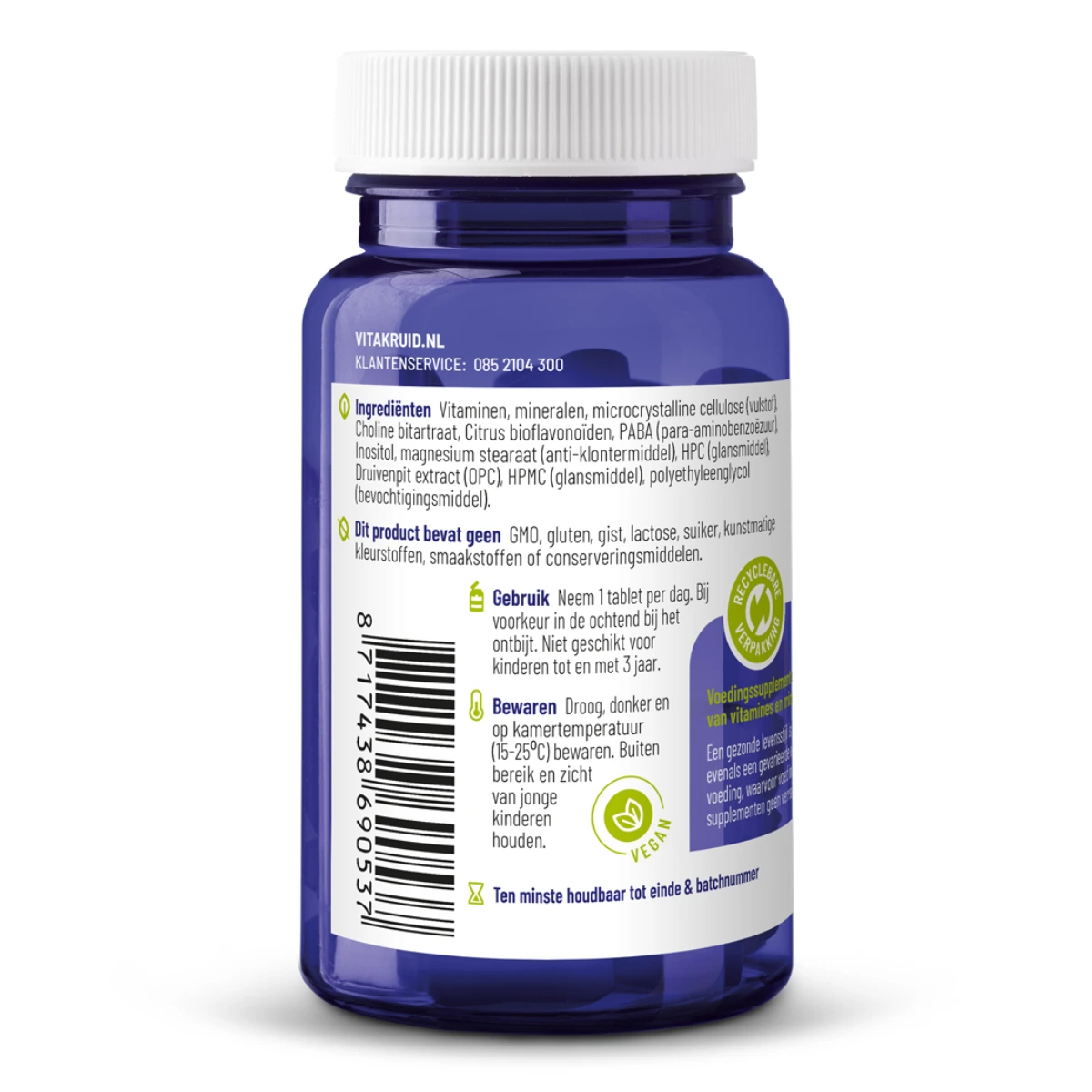 Blauwe plastic Vitakruid - Multi Dag (30 tabletten) fles met witte dop, Nederlands etiket met ingrediënten, gebruik, bewaarinstructies en barcode.