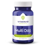 Een blauw flesje met de tekst "Vitakruid - Multi Dag (30 tabletten)" bevat 30 tabletten en vermeldt dat het energieniveaus ondersteunt.