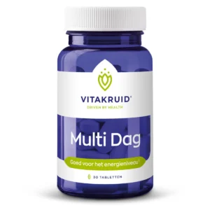 Een blauw flesje met de tekst "Vitakruid - Multi Dag (30 tabletten)" bevat 30 tabletten en vermeldt dat het energieniveaus ondersteunt.