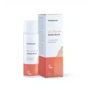 Een flesje en doosje van 30 ml Hemptouch - Skin Perfection - CBD Azelaic Serum voor gezicht, met 10% azelaïnezuur, CBD en zoethout; op de verpakking staat een veganistisch keurmerk.