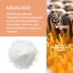 Grafische afbeelding met tekst over Hemptouch Skin Perfection CBD Azelaic Serum (30 ml), waarin de voordelen van azelaïnezuur voor de huid en de certificeringen voor veganistische en aromacertverzorging worden benadrukt, met afbeeldingen van azelaïnezuurpoeder en bloemblaadjes.