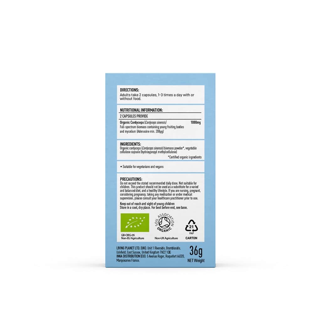 Achterkant van de doos van Mushrooms4Life Biologische paddenstoel Cordyceps Capsules (60 stuks) met instructies, voedingsinformatie, ingrediënten, voorzorgsmaatregelen, certificeringen en een nettogewicht van 36 g.