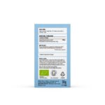 Op de achterkant van de doos Mushrooms4Life Biologische paddenstoel Reishi Capsules (60 stuks) staan op een blauw-witte achtergrond de gebruiksaanwijzing, voedingsinformatie, ingrediënten, voorzorgsmaatregelen, certificeringen en recyclinginformatie vermeld.