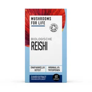 Vooraanzicht van een doos met het label "Mushrooms4Life - Biologische paddenstoel Reishi Capsules (60 stuks)", met vermelding van de biologische certificering, het triterpeengehalte en testgegevens.