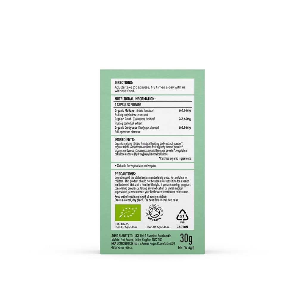 Achterkant van Mushrooms4Life - Biologische paddenstoel MyComplex Capsules (60 stuks) toont instructies, voedingsinformatie, ingrediënten, voorzorgsmaatregelen en certificeringen zoals GMP en USDA organic. Nettogewicht: 30g.
