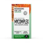 Doos met "Mushrooms4Life - Biologische paddenstoel MyComplex Capsules" met biologische reishi, cordyceps en maitake met 60 capsules.
