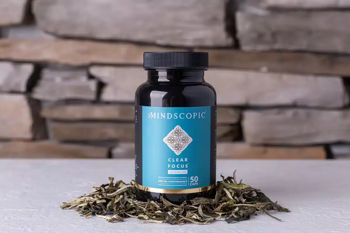 Een flesje MindScopic - CLEAR FOCUS™ Cafeïnevrije Capsules (50 stuks) rust op een wit oppervlak met losse kruidenbladeren in de buurt en een stenen muur op de achtergrond.