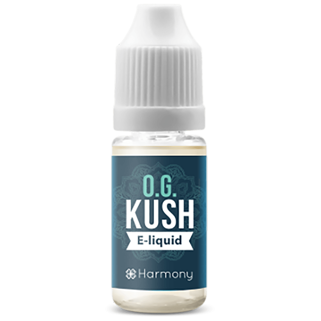 A bottle of Harmony E-liquid 100mg CBD - O.G. Kush (10ml).