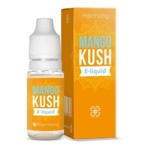 A bottle of Harmony E-liquid 100mg CBD – Strawberry (10ml) next to a box.