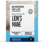 Een doosje van 60 gram Mushrooms4Life Biologische paddenstoel Lion's Mane Poeder, met het biologische Soil Association Organic-keurmerk, bevat minimaal 2% hericenonen.