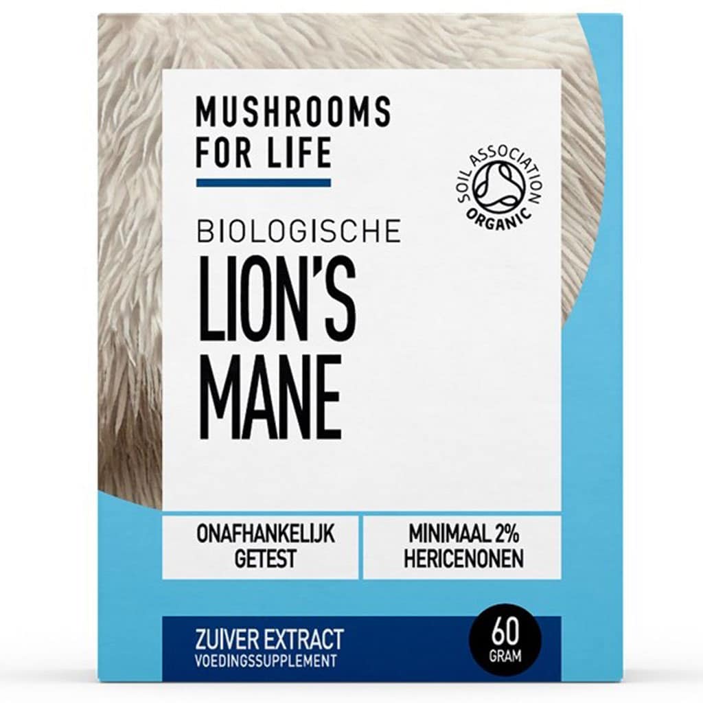 Een doosje van 60 gram Mushrooms4Life Biologische paddenstoel Lion's Mane Poeder, met het biologische Soil Association Organic-keurmerk, bevat minimaal 2% hericenonen.