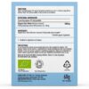Achterkant van de Mushrooms4Life - Biologische paddenstoel Lion's Mane Poeder (60 gram) blauwe supplementendoos met daarop de gebruiksaanwijzing, voedingsinformatie, ingrediëntenlijst, voorzorgsmaatregelen, biologische certificeringslogo's en gegevens van de fabrikant.