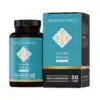 Een bruine fles en groenblauwe doos MindScopic - CLEAR FOCUS™ Cafeïnevrije Capsules (50 stuks), gelabeld voor mentale prestaties.