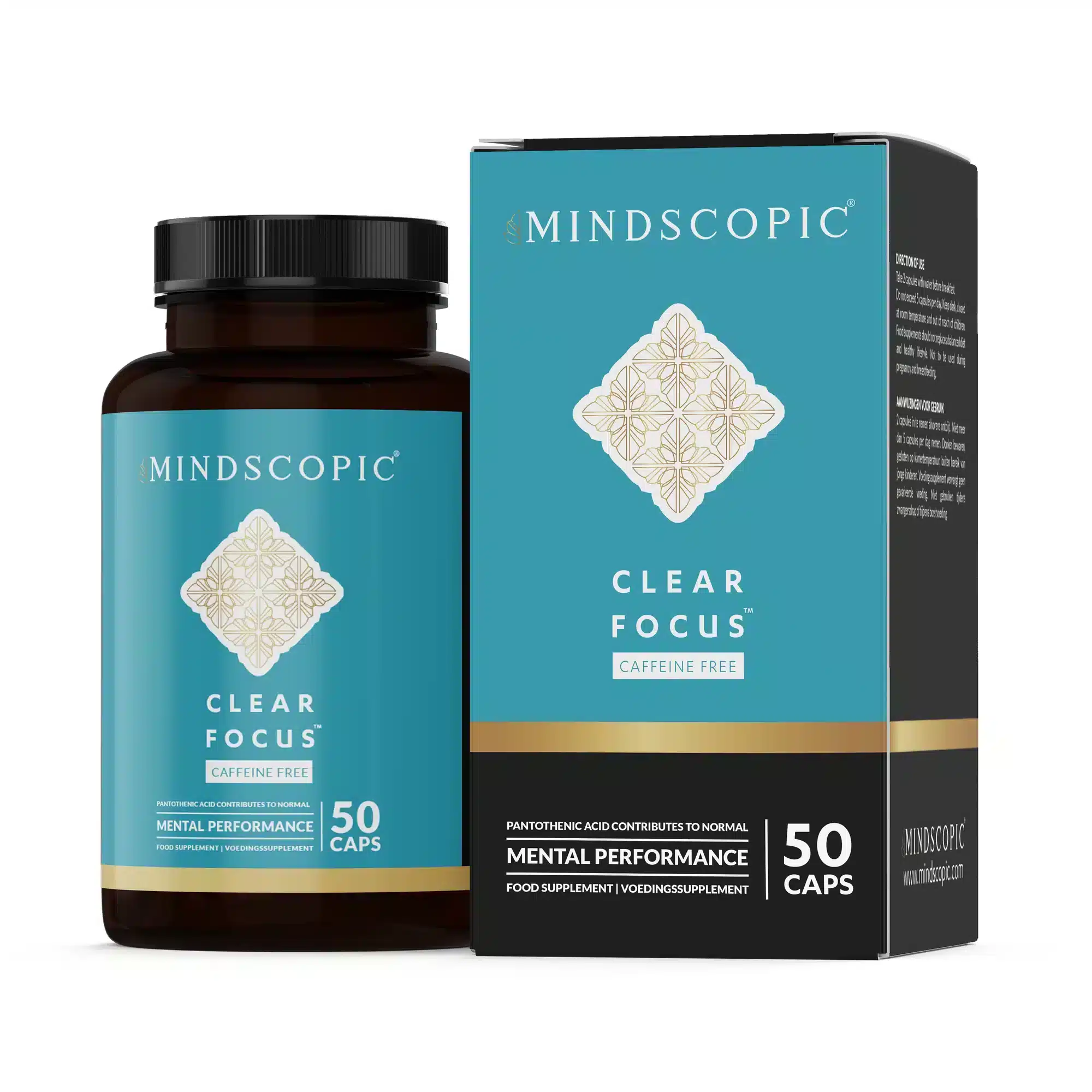 Een bruine fles en groenblauwe doos MindScopic - CLEAR FOCUS™ Cafeïnevrije Capsules (50 stuks), gelabeld voor mentale prestaties.