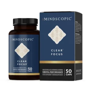 MindScopic - CLEAR FOCUS™ Capsules (50 stuks) in een flesje en doosje, samengesteld om mentale prestaties te ondersteunen.