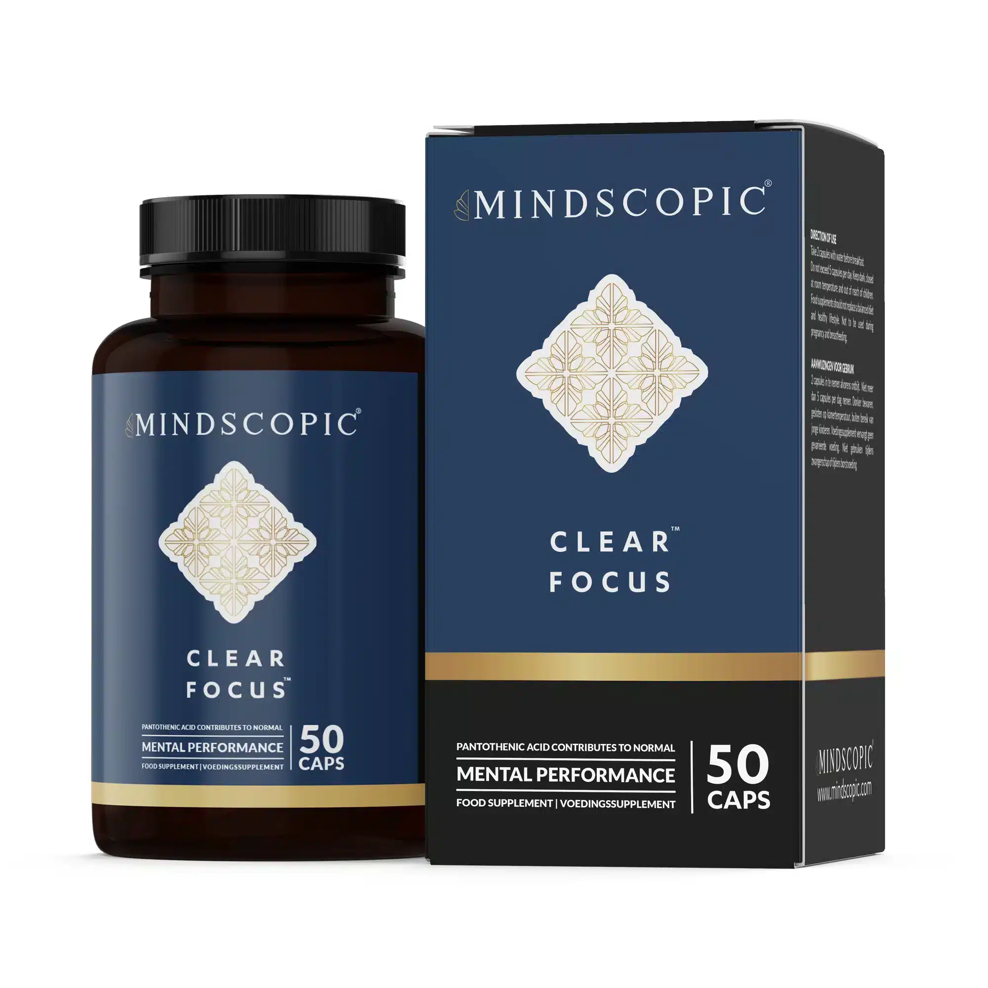 MindScopic - CLEAR FOCUS™ Capsules (50 stuks) in een flesje en doosje, samengesteld om mentale prestaties te ondersteunen.