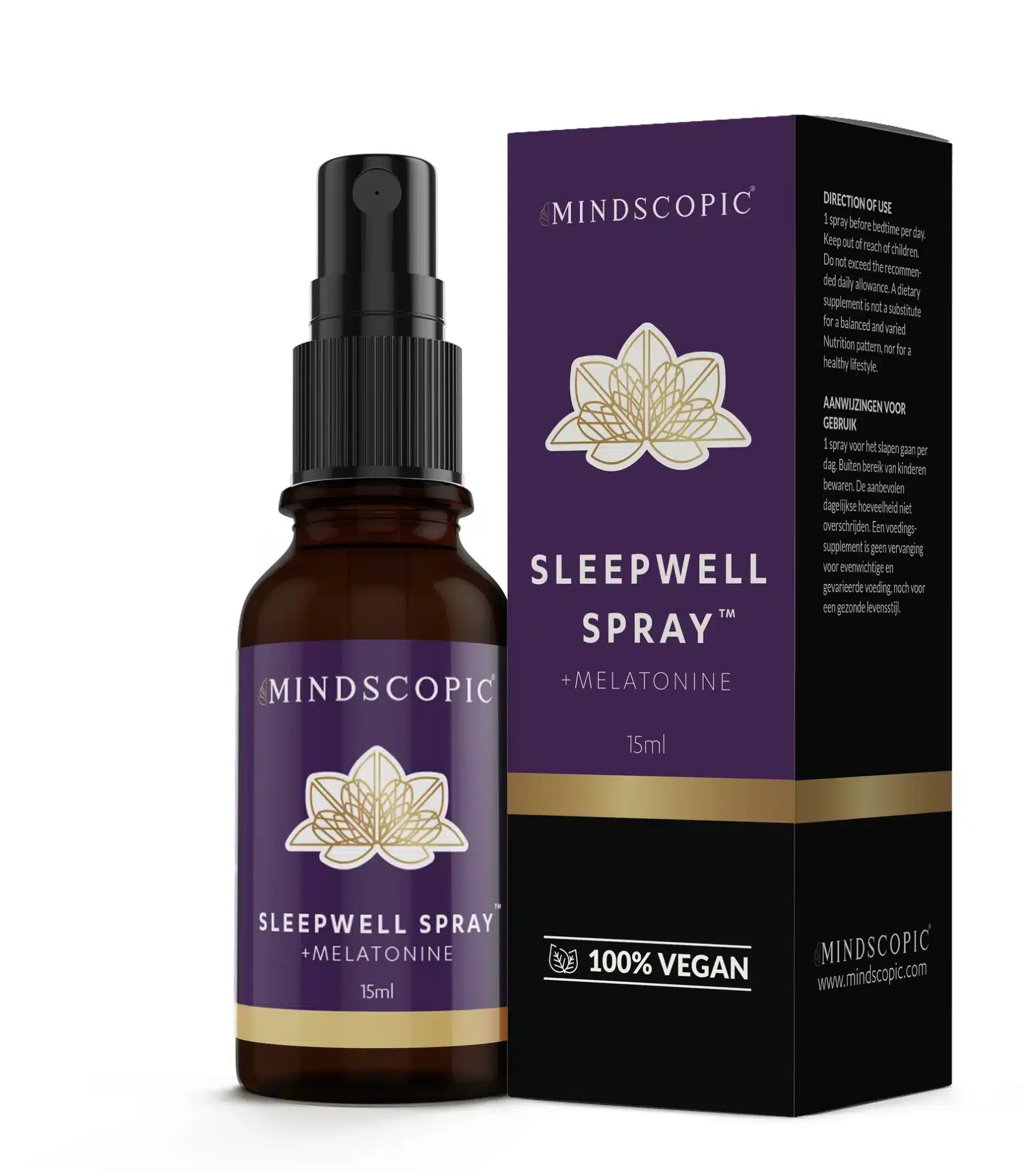 Een 15 ml flesje MindScopic SLEEPWELL SPRAY met melatonine staat naast de doos, beide gelabeld als 100% veganistisch.