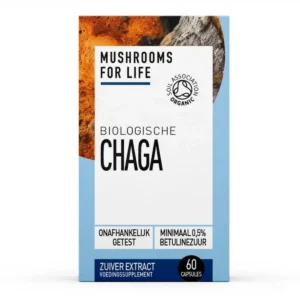 Een doosje MushroomsForLife - Biologische paddenstoel Chaga Capsules (60 stuks), biologisch en onafhankelijk getest, met minimaal 0,5% betulinezuur.
