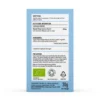 Achterkant van het doosje van MushroomsForLife Biologische paddenstoel Chaga Capsules (60 stuks) met aanwijzingen, voedingsinformatie, ingrediënten, voorzorgsmaatregelen, certificeringen en recyclingsymbolen op een blauwe achtergrond.