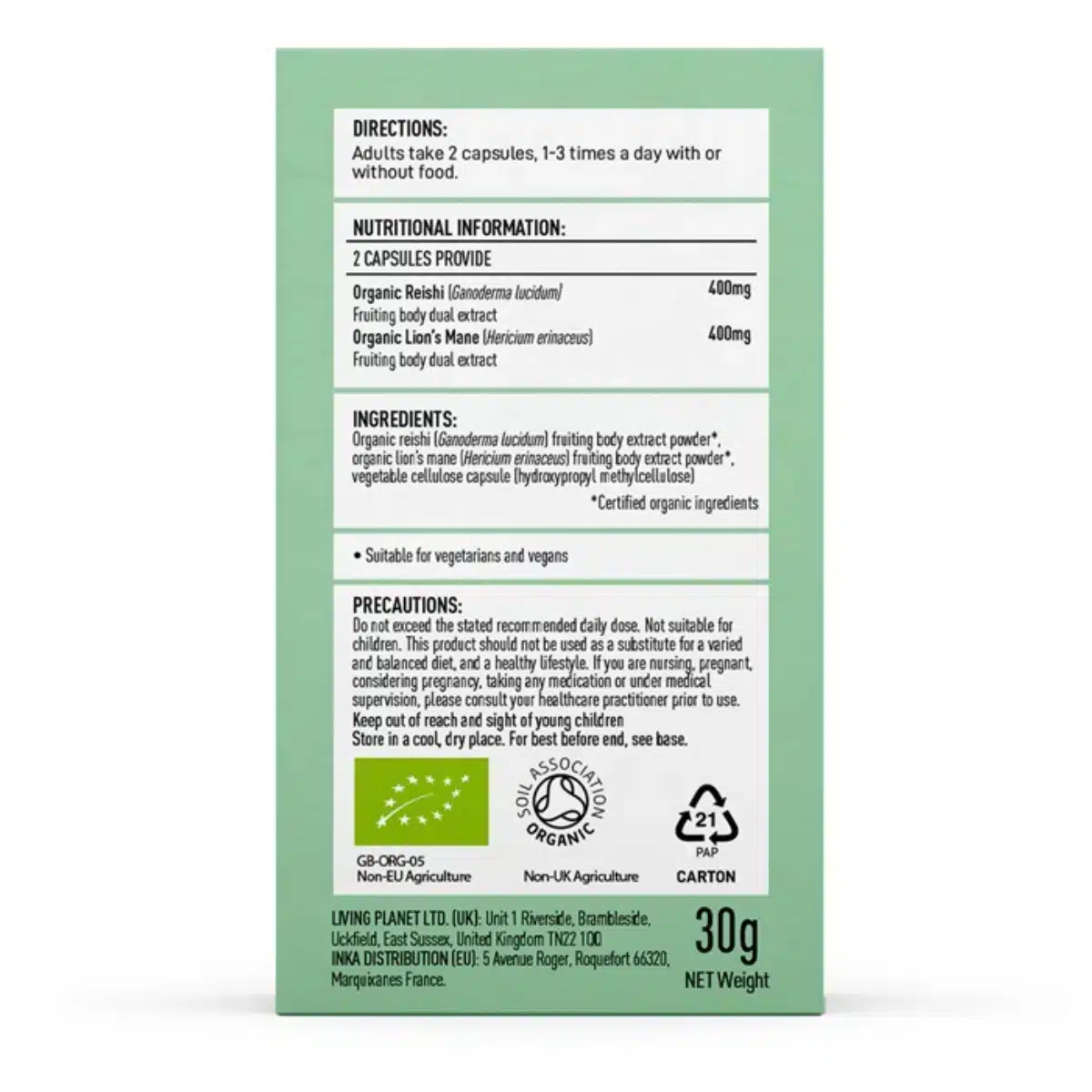 Achterkant van de doos van Mushrooms4Life Biologische paddenstoel Myco-Zen Capsules (60 stuks), met aanwijzingen, voeding, Reishi & Lions Mane ingrediënten, biologisch/vegan/recycling iconen, voorzorgsmaatregelen en informatie van de fabrikant.