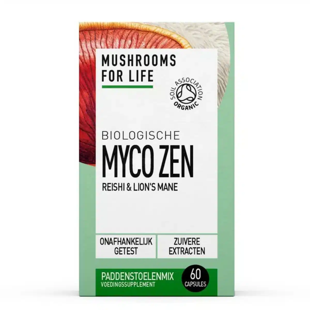 Doos Mushrooms4Life - Biologische paddenstoel Myco-Zen Capsules (60 stuks), met extracten van biologische Reishi en Lion's Mane paddenstoelen.