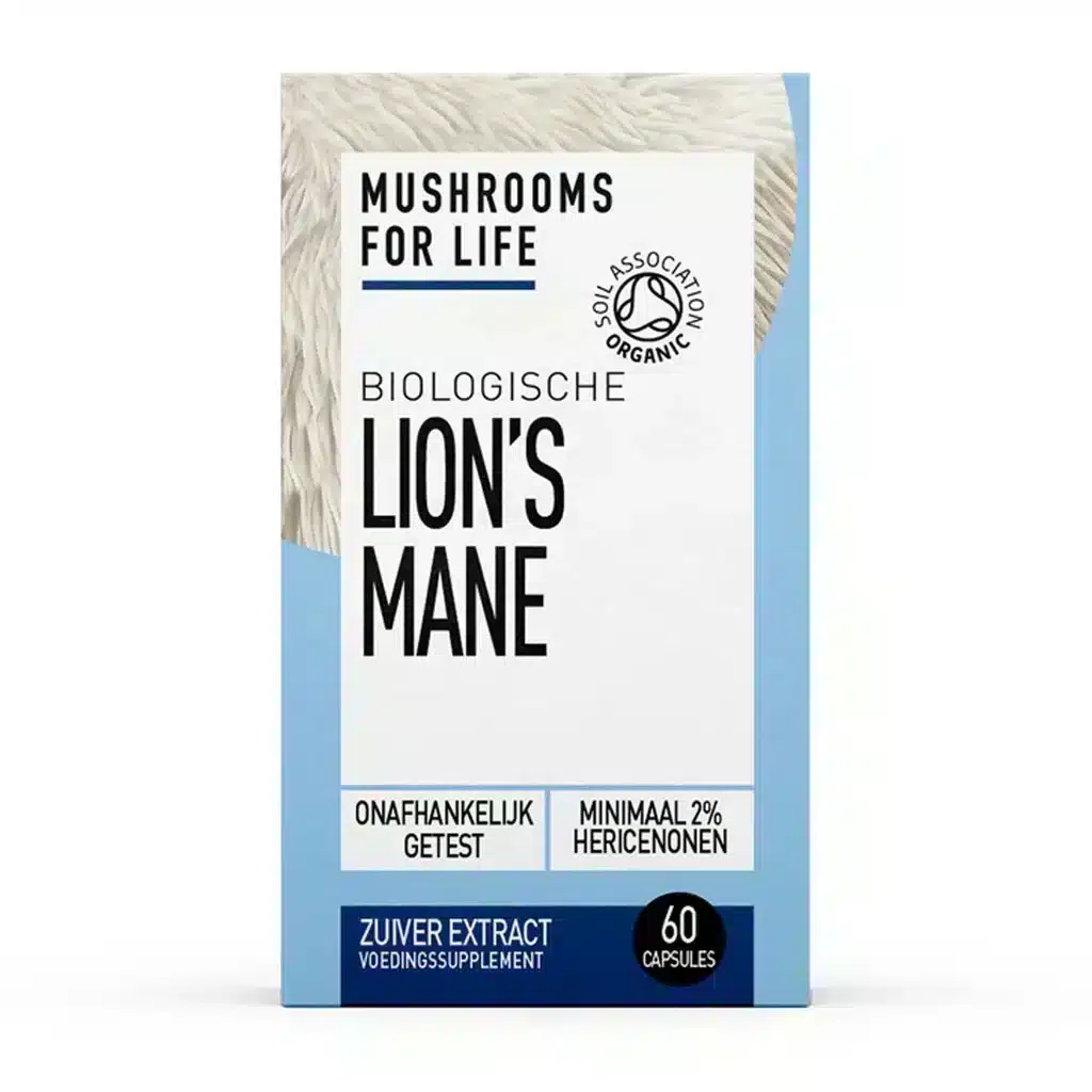 Verpakking van het Lion's Mane-supplement "Mushrooms for Life" met biologische certificering, 60 capsules, met gedetailleerde informatie over onafhankelijke tests en 2% hericenonen.