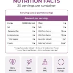 Voedingsinformatie etiket voor Harmony - CBD / CBG Relax Gummies (60 stuks), met portiegrootte, calorieën, vet, koolhydraten, proteïne, plus CBD, CBG, lavendel en balsemblad extract hoeveelheden per portie. THT datum 21-11-2025.