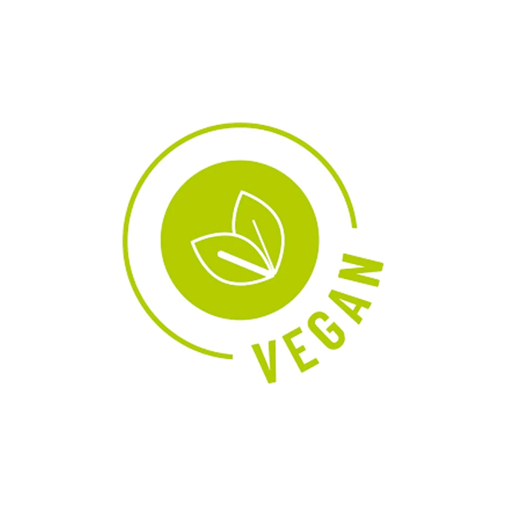 Groen logo met twee bladeren in een cirkel en aan de zijkant het woord "Vegan".