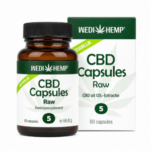 Een bruine fles en doos met het opschrift „Wedihemp – 5% RAW CBD-capsules”, elk met 60 capsules die 27 mg CBD + CBDa per capsule bevatten, afgebeeld in een groen-witte verpakking.