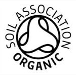 Zwart-wit logo met "Soil Association Organic" rondom een abstract ontwerp, zoals te zien op MushroomsForLife - Biologische paddenstoel Lion's Mane Capsules (60 stuks).