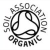 Zwart-wit logo met "Soil Association Organic" rondom een abstract ontwerp, zoals te zien op MushroomsForLife - Biologische paddenstoel Lion's Mane Capsules (60 stuks).