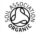 Zwart-wit logo met "Soil Association Organic" rondom een abstract ontwerp, zoals te zien op MushroomsForLife - Biologische paddenstoel Lion's Mane Capsules (60 stuks).