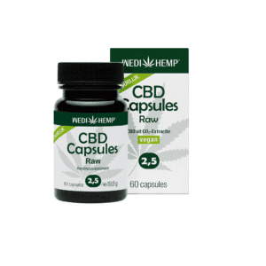 Een fles en doos Wedihemp - 2,5% CBD capsules, veganistisch, met 60 capsules met 6,75 mg CBD per capsule.