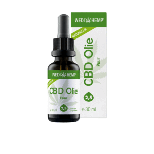 Een flesje van 30 ml WediHemp CBD Olie Puur met een druppeldop, afgebeeld naast de bijpassende groen-witte verpakking.