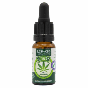 Een klein bruin druppelflesje met het opschrift „CBD+ Full Spectrum”, voorzien van een groen bladlogo en de vermelding dat het 2,75% CBD bevat.