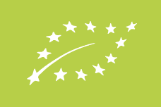 Een groene achtergrond met een wit blad dat bestaat uit twaalf sterren, als afbeelding van het EU-biologielogo.