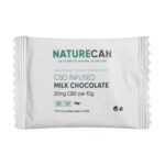 Wit pakje met het opschrift „Naturecan CBD-verrijkte melkchocolade, 20 mg CBD per 10 g”, met pictogrammen voor GGO-vrij en THC-vrij, nettogewicht 10 g, en informatie over het voedingssupplement.